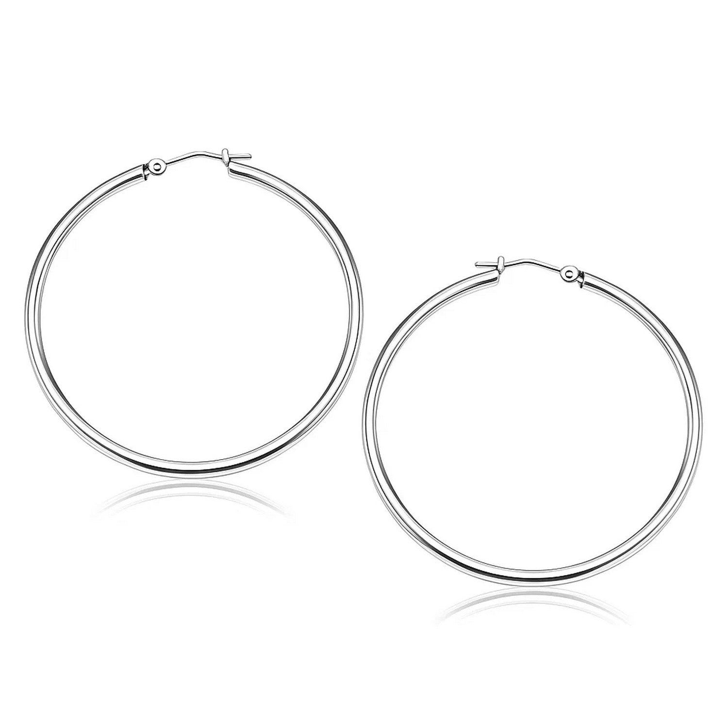 14k White Gold Polished Hoop Earrings (2x40mm) in a sleek high-contrast midnight luxury editorial style